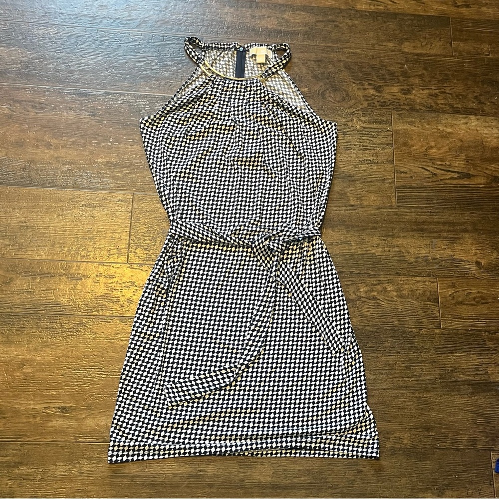 Michael Kors Dress Black White Gold Necklace Halter Gold Curved Logo Sz small